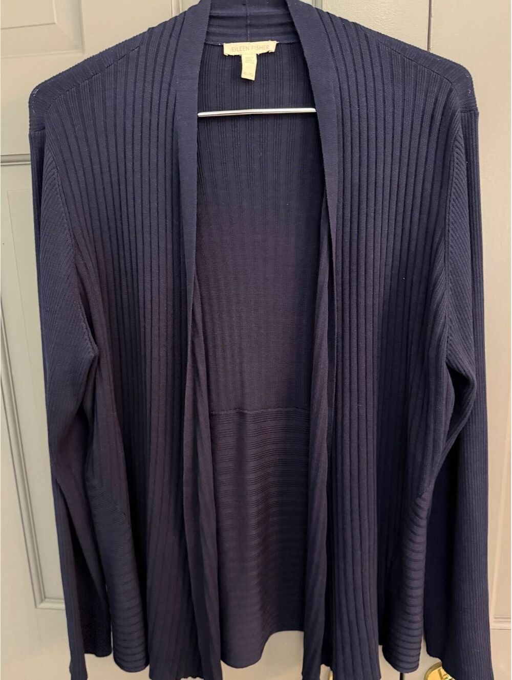 Eileen Fisher Navy Blue Ribbed Silk Blend Knit Cardigan Sweater Sz XL